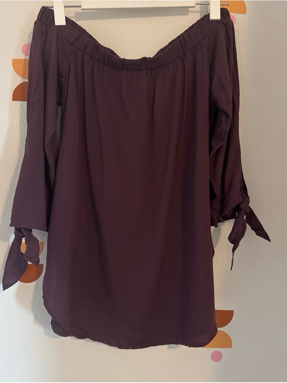 Women's Off-Shoulder Blouse in Deep Plum with Tie Sleeves N0088